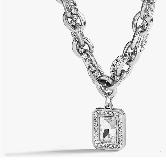 Stainless Steel Crystal Chunky Charm Pendant Necklace Paperclip Chain - Picture 2 of 9